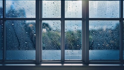 Fototapeta premium background with snowflakes, raindrops sliding down windowpane create a cozy atmosphere indoors by distorting view of outside world