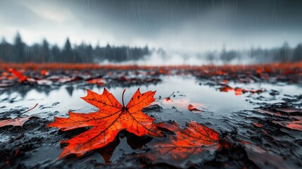 Acid rain climate change idea. Vibrant red maple leaf on a wet surface, surrounded by autumn foliage.
