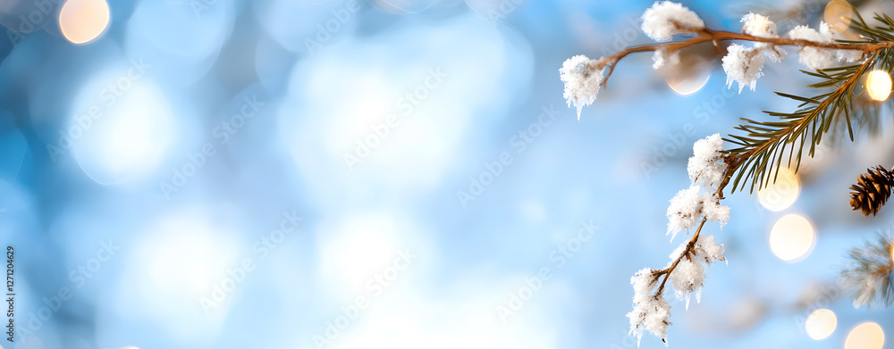 Poster snow covered branches glisten in winter light, creating serene atmosphere. blurred bokeh effect enha