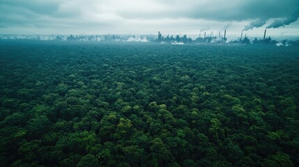 Obraz premium Acid rain climate change idea. Aerial view of lush forest merging with industrial cityscape under cloudy sky.