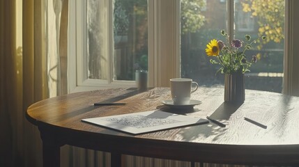 Fototapeta premium Sunlight Illuminates a Wooden Table with a Crossword Puzzle, Coffee Cup, and Flowers in a Cozy Room