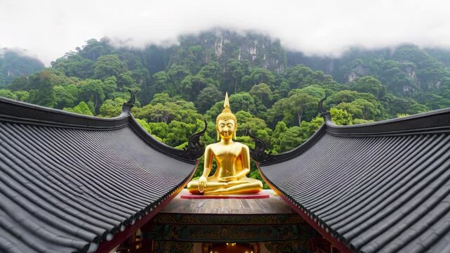 An Asian temple and Buddha statue.
