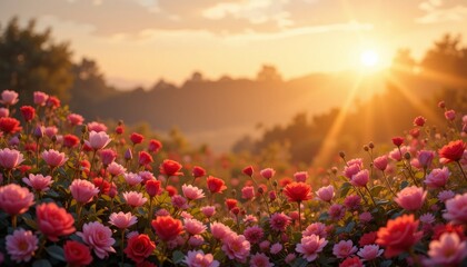Obraz premium Pink And Red Roses Field At Sunset