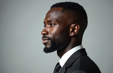 Close up portrait of confident African man in smart suit. Pro businessman with beard looking. Isolated profile side view of serious black model in formal business wear. Studio shot.