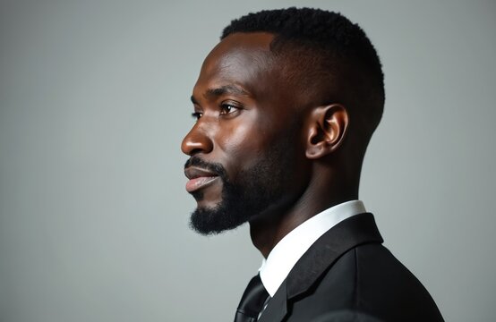 Close up portrait of confident African man in smart suit. Pro businessman with beard looking. Isolated profile side view of serious black model in formal business wear. Studio shot.