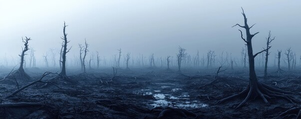 Acid rain climate change idea. A haunting landscape of lifeless trees shrouded in mist, evoking a sense of desolation.