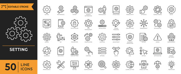 Settings icon set. Containing options, configuration, preferences, adjustments, gear, control panel, equalizer, management, optimization and more icons. Vector illustration. editable stroke