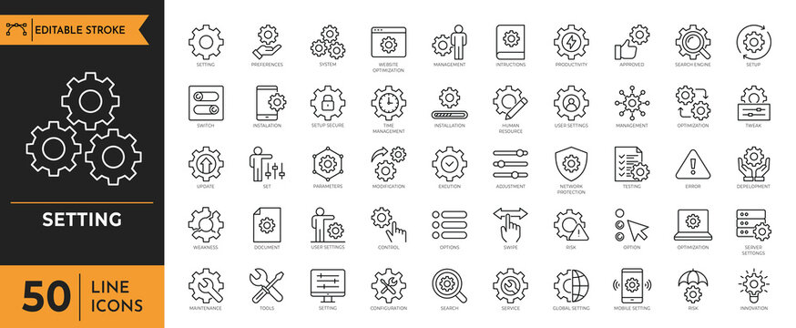 Settings icon set. Containing options, configuration, preferences, adjustments, gear, control panel, equalizer, management, optimization and more icons. Vector illustration. editable stroke