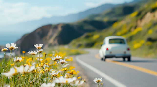 Fototapeta Vintage car drives along scenic road with wildflowers in bloom and mountains in background