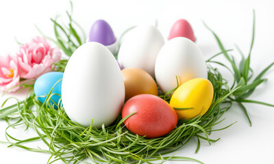 Fototapeta premium Colorful Easter eggs arranged in nest of green grass with flowers, creating festive and cheerful atmosphere. Perfect for spring celebrations and holiday decorations