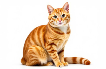 Red cat on a white background. The animal looks at the camera.