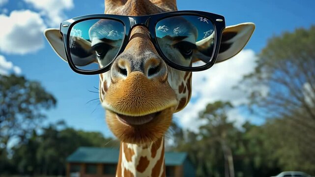 Giraffe wearing sunglasses and smiling. The giraffe is wearing a pair of Ray Ban sunglasses
