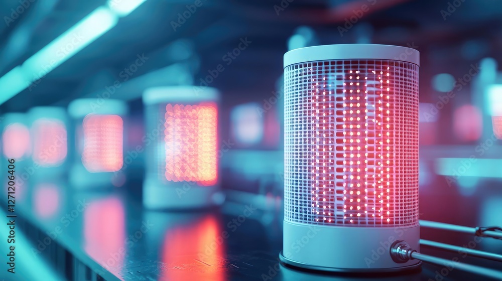 Poster acid rain climate change idea. a close-up of illuminated led lamps casting vibrant red light in a mo