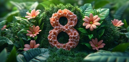  Floral Number 8 Surrounded by Pink Flowers and Green Foliage