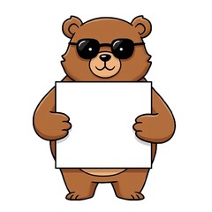 AI Generated Cartoon Bear Wearing Sunglasses Holding a Blank Sign  Whimsical Animal Illustration  Cool  Trendy  Friendly  Joyful  Greeting  Message  Space for Text  Design Element  Clip Art
