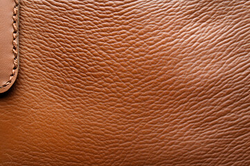 Rich brown leather background showing visible grain and stitching detail