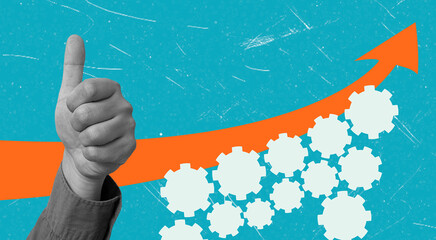 Contemporary art collage. Creative design. The male hand with gear and upward arrow symbolizes...