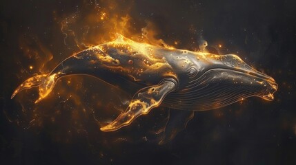 Majestic whale swimming through a cosmic ocean, glowing with ethereal light, surrounded by stars