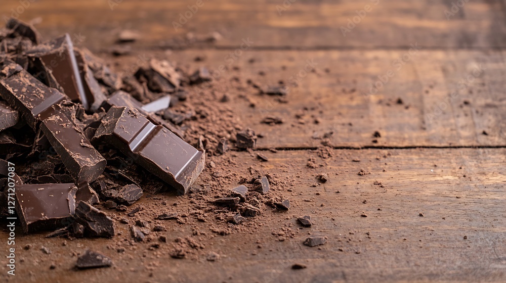 Poster Broken pieces of dark chocolate scattered on a rustic wooden surface showcasing textures and rich colors : Generative AI