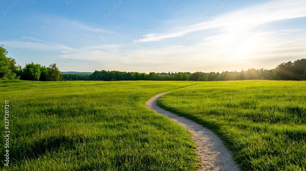 Aufkleber Scenic view of a grassy meadow with a winding path under a clear blue sky : Generative AI