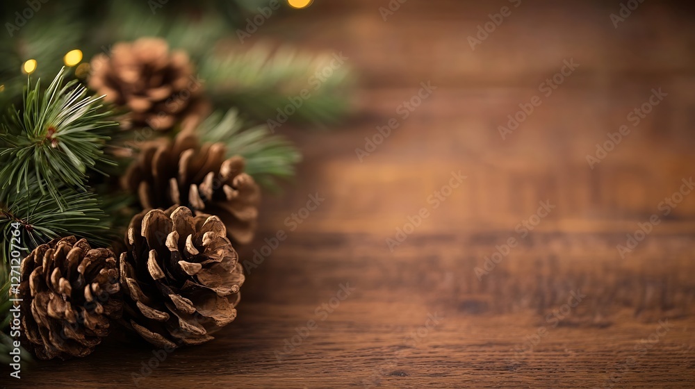 Poster festive pinecones and evergreen branches arranged on rustic wooden surface : generative ai