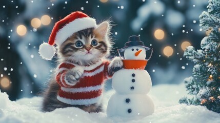 Festive Feline, Kitten Celebrates Winter Wonderland with Homemade Snowman