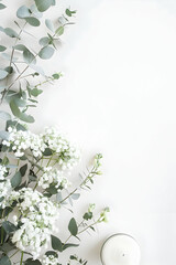 Elegant arrangement of white flowers and eucalyptus leaves beside a candle on a white background