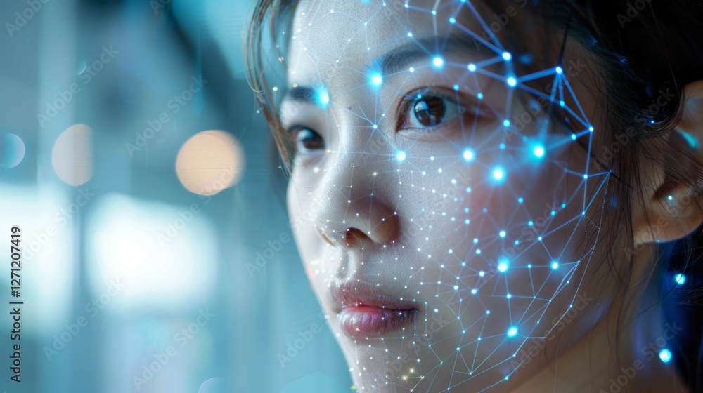 Leinwandbilder close up view of a woman's face with digital geometric patterns and lights projected onto her skin, 