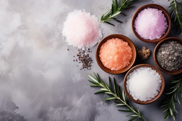 Plakat Variety of salt types on concrete background Sea salts Himalayan salt crystals rosemary Dead sea salt balls Copy space Top view
