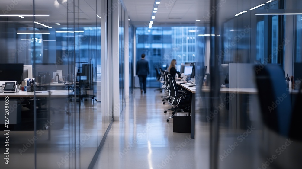 Poster modern office interior design with glass walls and desks showcasing a professional workspace environ