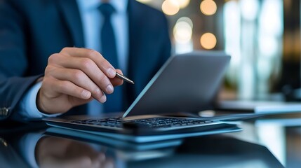 Businessman using a tablet device and pen while working in a modern office environment with soft bokeh lights : Generative AI