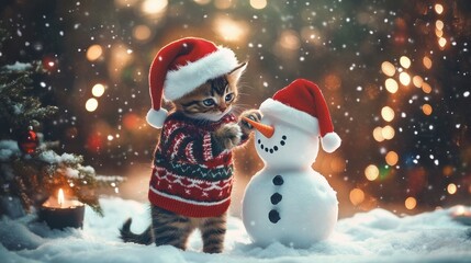 Fototapeta premium Festive feline builds a snowman, creating winter holiday cheer