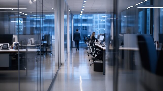 Modern office interior design with glass walls and desks showcasing a professional workspace environment : Generative AI