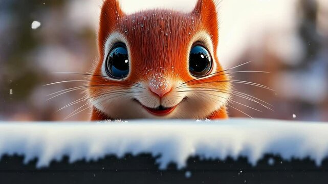 Cute little squirrel with a big smile on its face. The image is of a close up of the squirrel's face, with its eyes looking up at the camera. The squirrel appears to be enjoying the moment