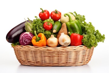 Vegetable assortment potatoes tomatoes onions cabbage paprika zucchini eggplant White background