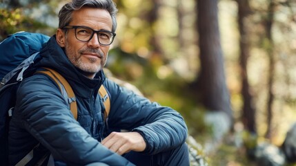 Myopia prevention with a man wearing glasses taking a break on a hiking trail. Wellness, fitness, and eye protection