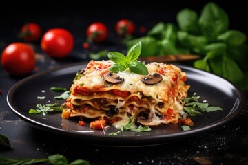 Vegetarian lasagna topped with mushrooms tomatoes and basil