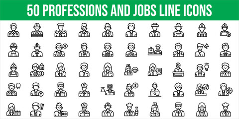Set of 50 Outline Icons Related to Professions And Jobs. Line Icon Collection. Editable stroke. Vector illustration