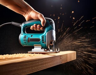 Crafting wood with a jigsaw tool for precision cuts in a workshop setting during evening hours