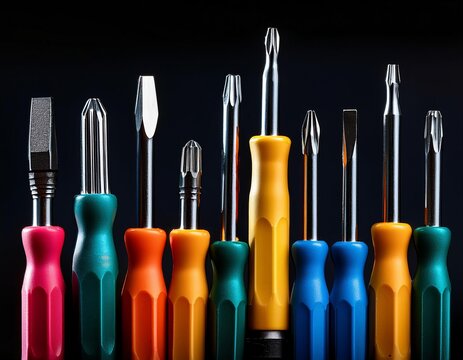 Colorful screwdriver set arranged neatly on a dark background showcasing various types and sizes of tools for assembly and repair
