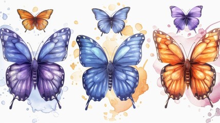 Butterfly illustration set with blue, purple, and orange tones, detailed wings on a clean white background