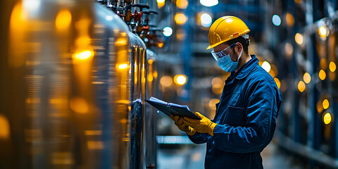 A worker in protective gear inspecting the pressure levels on a large biogas storage tank, ensuring safety compliance. 