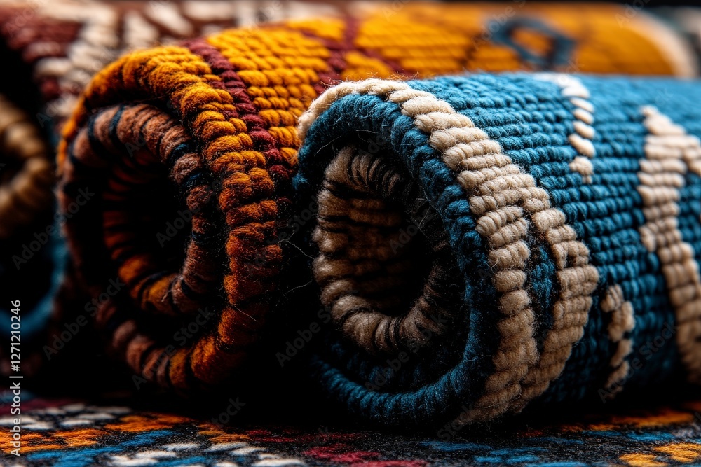 Poster close-up view of colorful rolled textiles with bespoke patterns