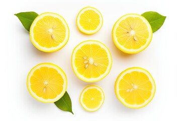 Fototapeta premium White background flat lay of isolated lemon slices top view