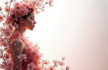 Artistic photo features woman figure adorned with pink flowers on white backdrop. Floral arrangement creates perfume concept. Ideal for beauty, fragrance, decor ads, promoting femininity, tenderness,
