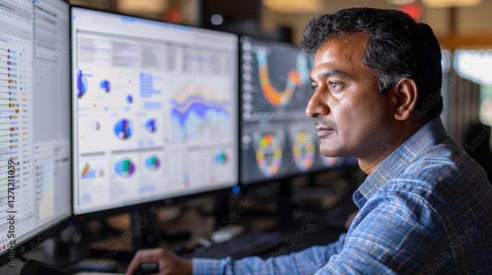 Poster A focused professional analyzes various graphical representations of data on multiple computer monitors in a modern office setting during daytime hours.