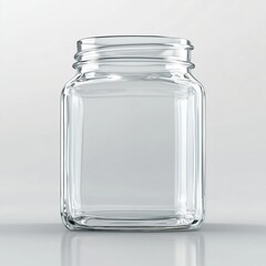 A realistic, highly detailed empty glass jar with a square shape, on a white background with light reflections.