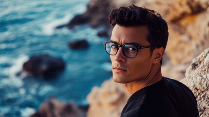 Myopia prevention with a man wearing glasses walking along a riverbank with his dog. Wellness, fitness, and eye protection