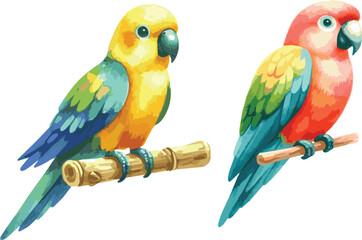 Set of Watercolor Vector Illustrations of a two adorable colorful parrots