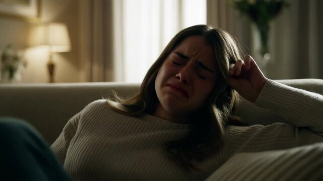A young woman with an emotional face sitting on a sofa at home
